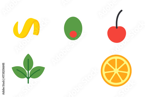 Collection of stylized cocktail garnishes and fresh fruit elements for drinks
