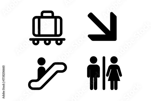 Airport and public facility navigation icons set with luggage, escalator, and restroom symbols