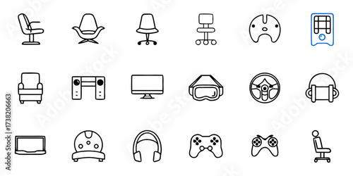 Modern gaming setup essentials including comfortable chairs, high-tech controllers, immersive VR headsets, and sleek computer monitors for ultimate gameplay.