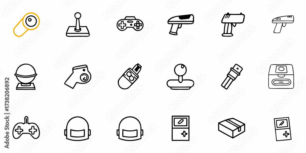 Fototapeta premium Dynamic collection of retro gaming icons featuring joysticks, controllers, and classic game consoles for digital projects and nostalgic designs