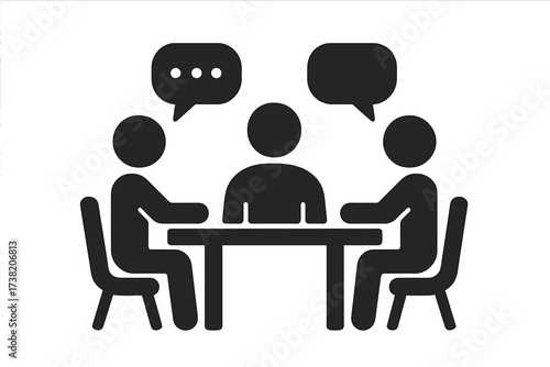 Business meeting discussion concept, flat vector illustration of people sitting at table debating, team discussion, corporate meeting, communication, teamwork, office collaboration