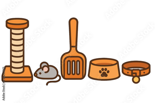 Collection of essential cat accessories including scratching post, toy, litter scoop, food bowl, and collar