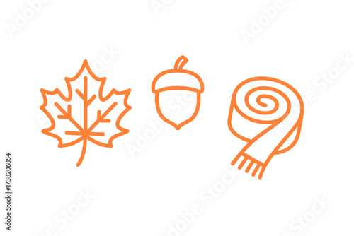 Fall season symbols featuring a maple leaf, acorn, and cozy scarf outline icons