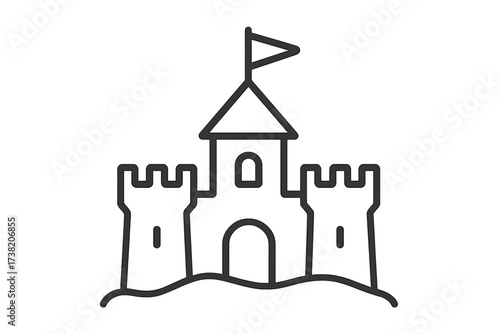 Thin line vector sandcastle with a flag icon, simple outline illustration of castle on sand, transparent background, beach summer holiday concept, playful design