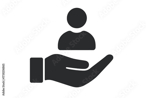 Trendy flat glyph icon with hand holding person symbolizing job recruitment, hiring, employee support, employer-customer relations, marketing target, and human resource concepts