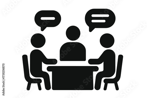 Business meeting discussion icon, people sitting at table debating and communicating with speech bubbles, teamwork collaboration vector illustration, business reunion concept