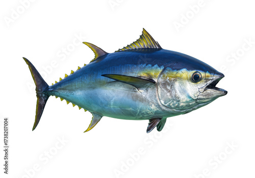 фотографія Isolated yellowfin tuna fish swimming with an open mouth for catching prey in it