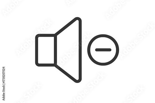 Volume decrease icon, thin line vector speaker symbol with minus sign, lower sound control illustration, audio mute option, transparent background simple design