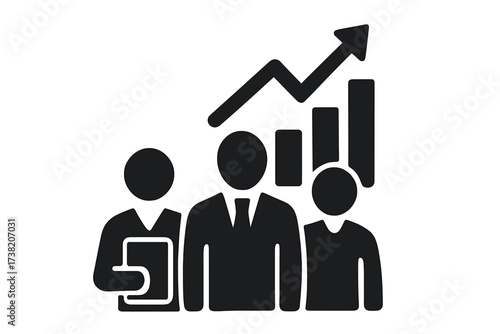 Business team analyzing growth and progress of company value, flat glyph icon vector illustration with upward graph, professional teamwork and success concept