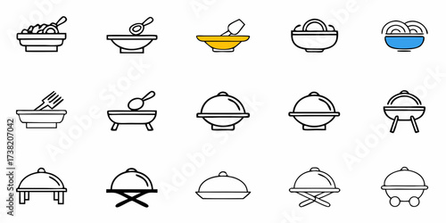 Collection of diverse food service icons capturing catering chafing dishes, bowls with utensils, and serving platters for culinary presentations and restaurant branding