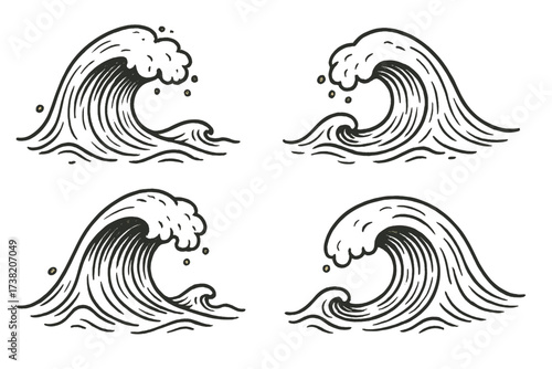 Hand-drawn vector waves set, cartoon doodle wave illustrations with splash, ocean water waves, black line art, transparent background, sea surf design collection