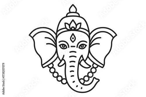 Ganesha Hindu god of new beginnings. Ganapati line art icon. Lord Ganesha head illustration for Ganesh Chaturthi. Indian religious festival symbol of wisdom and success.
