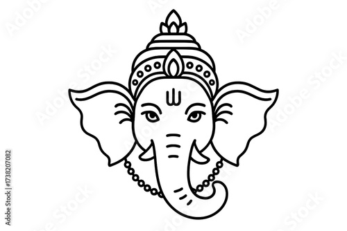 Ganesha head thin line art vector icon. Hindu god of new beginnings, success, and wisdom. Indian deity and remover of obstacles. Ganapati spiritual symbol for prosperity.