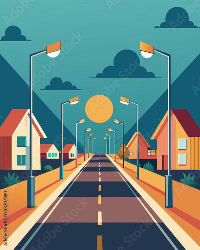 A small towns main road is lined with sleek modern streetlights each powered by the sun and reducing the towns carbon footprint.. Vector illustration