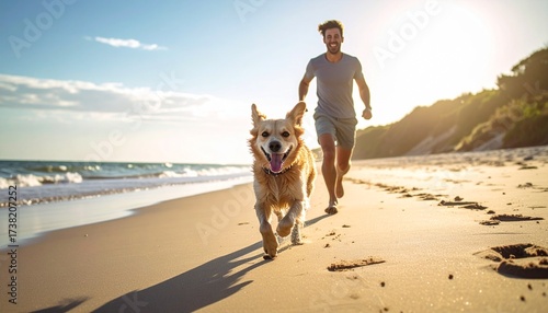 Wallpaper Mural Generated image Playful dog running with owner on sandy beach. Friendship between a dog and a human. Sport activity with dog on the beach. dog on vacations. Torontodigital.ca
