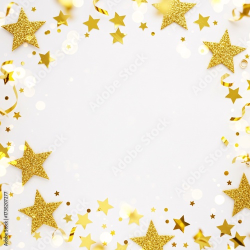 Sparkling golden stars and confetti create a festive, celebratory background perfect for holiday promotions and special event designs