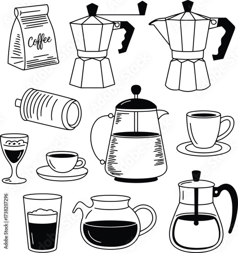 Coffee lover's monochrome collection of brewing essentials and delicious drinks, perfect for cafe menus and stylish kitchen decor elements in minimalist style