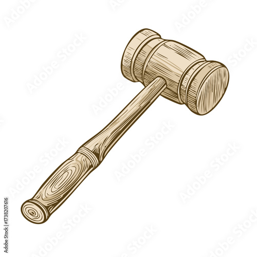 Detailed Engraving Illustration of a Wooden Gavel Symbolizing Law and Justice
