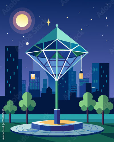 A sparkling geometric structure in an urban park that uses solar panels to reflect the suns rays and create a dazzling light display at night.. Vector illustration