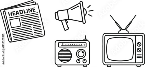 Vector art of newspaper, megaphone, radio, and television