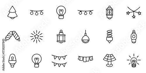 Festive holiday icons and decorative lighting elements perfect for celebrations, party invitations, and seasonal designs capturing joyful moments and bright ideas.
