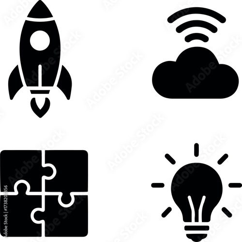 Vector icons depicting rocket cloud puzzle and lightbulb representing innovation and ideas