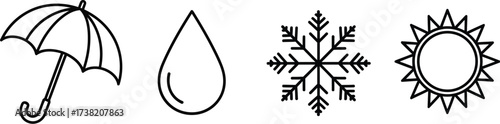 Vector art of umbrella, water drop, snowflake, and sun