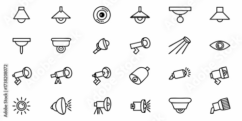 Dynamic collection of modern lighting and surveillance icons representing illumination, vision, and technology, perfect for creative projects and business concepts.