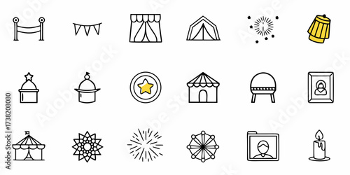 Celebrate joy and fun with vibrant icons depicting festive tents, stars, fireworks, and joyful celebrations, perfect for event promotion and party themes