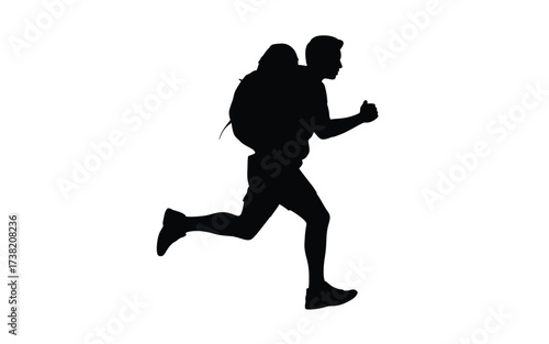 Dynamic silhouette of a person running with a backpack