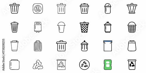 Diverse collection of modern and classic trash can icons and recycling symbols to illustrate waste management and environmental concepts with clean, simple designs