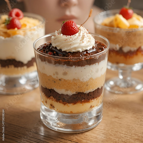 A delightful assortment of cakes served in glass cups, showcasing layers of sweetness, vibrant textures.