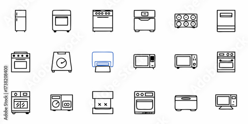 Collection of modern kitchen appliance icons including refrigerators ovens microwaves and stoves offering a clean and professional aesthetic for culinary design projects