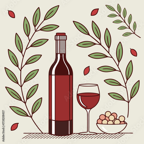 Still life featuring wine bottle, wine glass, bowl of grapes, and leafy branches