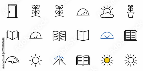 Discover growth, knowledge, and new beginnings with these modern, clean icons depicting plants, books, doors, and sun symbols for your next project.