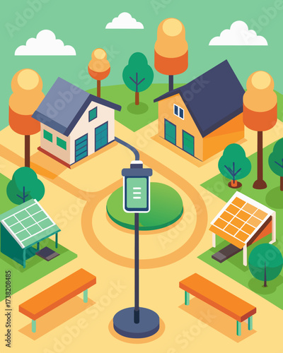 A quaint village square with benches featuring solarpowered charging ports allowing locals to stay connected while enjoying the charm of their town.. Vector illustration