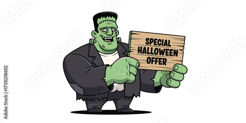 Frankenstein monster holding a special halloween offer sign