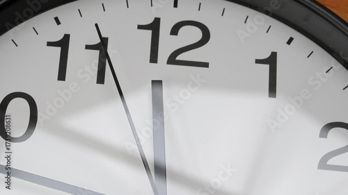 4K Close-Up of Wall Clock Showing Midnight or Noon.