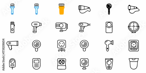 Essential tools and appliances collection featuring hair dryers, fans, brushes, and cleaning devices, perfect for design projects and creative concepts.