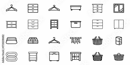 Charming hand drawn icons representing home organization essentials like dressers, hangers, baskets, and storage solutions perfect for interior design or decluttering projects