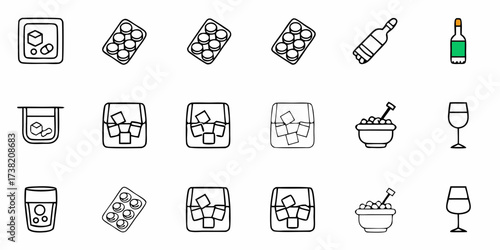Captivating collection of stylized beverage and refreshment icons including ice cubes, drinks, bottles, and a wine glass, perfect for modern design projects.