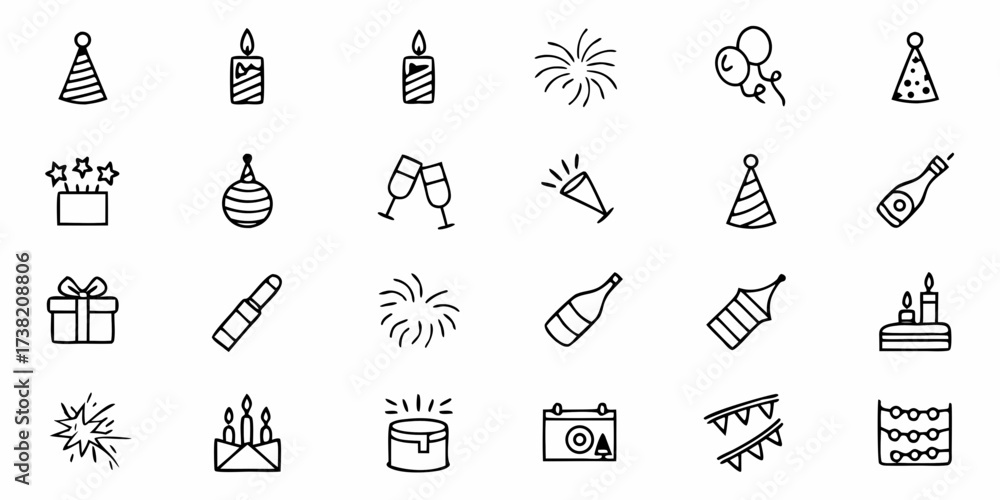Naklejka premium Celebrate with vibrant party icons featuring festive hats, sparkling champagne, celebratory cakes, and joyful balloons perfect for invitations and decorations.