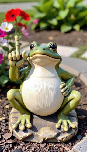 Playful Garden Frog Statue Displaying a Funny Gesture Amid Colorful Flowers