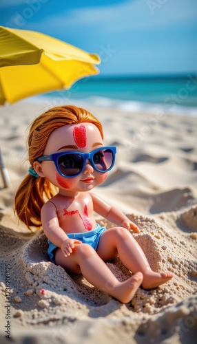 Doll Enjoys Sunny Day at Beach with Sunglasses and Beach Umbrella on Sandy Shore