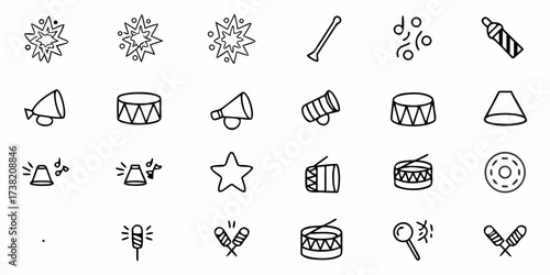 Festive celebration icons featuring drums, horns, fireworks, and musical notes for party and event design elements