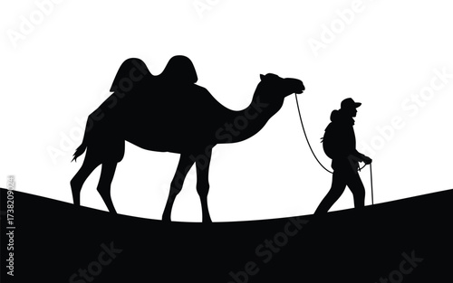 Desert silhouette camel trekker with pack silhouette against sky