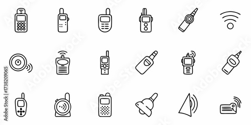 Collection of stylized hand drawn icons featuring various communication devices and signal indicators ideal for tech projects and modern design elements