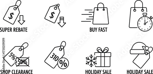 Vector art of holiday sale and rebate elements in line art style