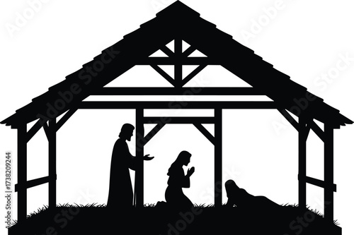 Nativity silhouette illustration with Mary, Joseph, baby Jesus in stable, holy family Christmas manger scene, Christian religious art, worship design