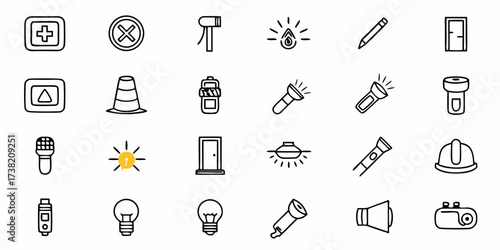 Diverse hand drawn icons representing tools safety equipment communication devices and lighting solutions for creative projects and presentations